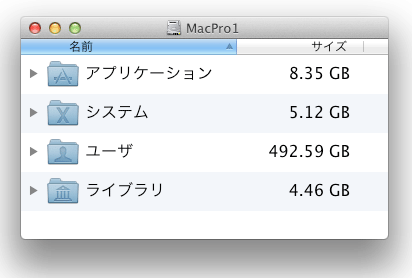 Mac OSX 10.7 第一階層のフォルダ容量
