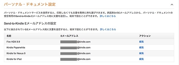 Send-to-Kindle Eメールアドレスの設定